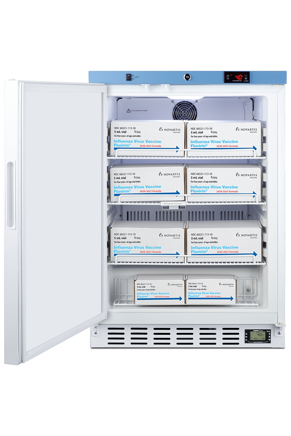 Undercounter healthcare all-refrigerator certified to NSF/ANSI 456 with self-closing solid door, front lock, digital controls, and NIST calibrated temperature readout